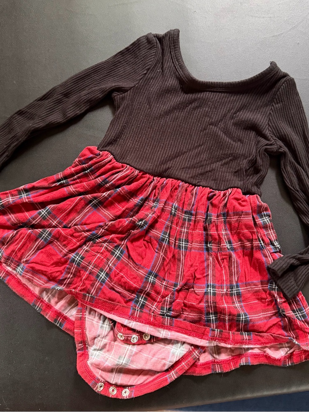 Little Sleepies Ribbed Long-Sleeve Top with Red Plaid skirt twirl bodysuit